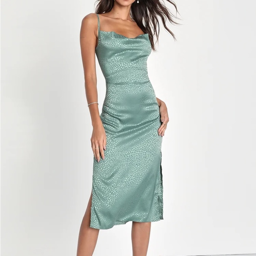 Medium sage green satin midi dress